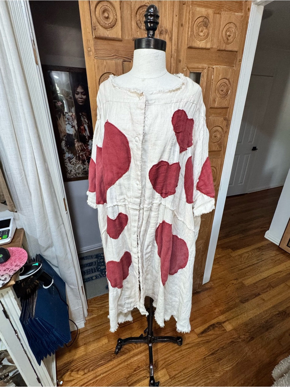 Magnolia Pearl Cream Long Patchwork Coat with Red Accents
